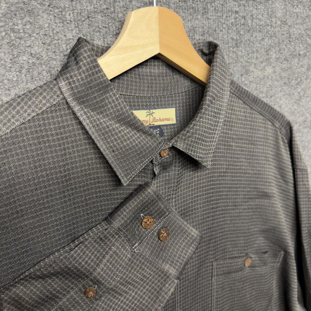 Tommy Bahama Silk Check Shirt Mens L Gray Long Sleeve Button Up Casual Relaxed